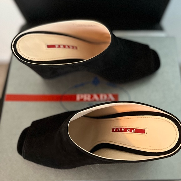 PRADA PRE-LOVED RARE AUTHENTIC BLACK SUEDE WEDGE SLIP ON SANDALS - Picture 13 of 17